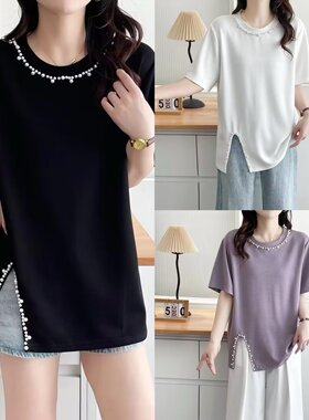 大码女装新款韩版休闲短袖t恤夏季显瘦胖mm钉珠时尚开叉女上衣潮