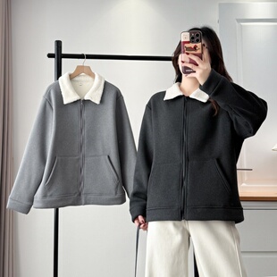 冬装新款韩系羊羔毛翻领拉链开衫女宽松休闲加绒短外套大码上衣