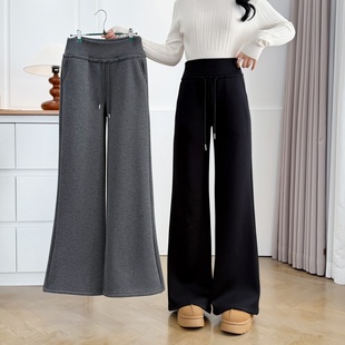 宽松直筒加绒加厚运动裤 大码 垂感显瘦休闲卫裤 高腰抽绳阔腿裤 美式