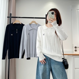 针织衫 大码 学院风刺绣长袖 秋季 胖MM显瘦百搭翻领小麻花毛衣 女装