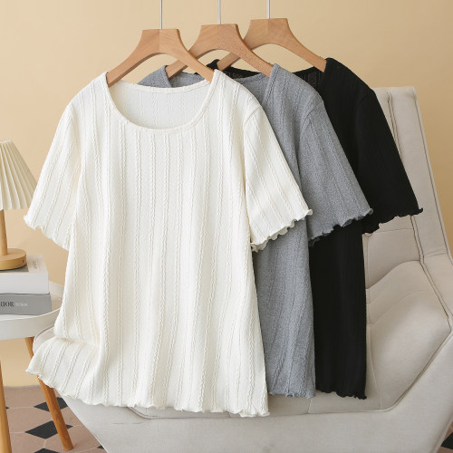 夏季木耳边提花显瘦遮肚T恤女