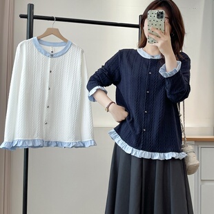 衬衫 秋装 200斤胖mm设计感撞色木耳边拼接长袖 休闲上衣女大码 新款