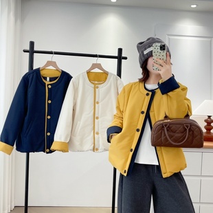 大码冬装撞色圆领棉服女轻薄棉衣外套高级感时尚洋气单排扣上衣