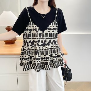 新款 女装 2025夏装 大码 T恤显瘦减龄假两件上衣潮 时尚 圆领拼接短袖