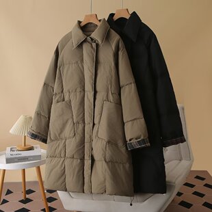 大码女装冬季新款韩版宽松胖mm翻领中长款羽绒服外套格子加厚大衣