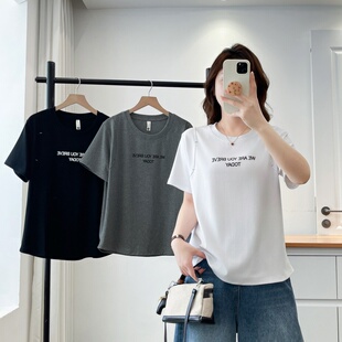 宽松显瘦圆领百搭套头正肩大码 T恤夏装 上衣 基础款 小字母印花短袖
