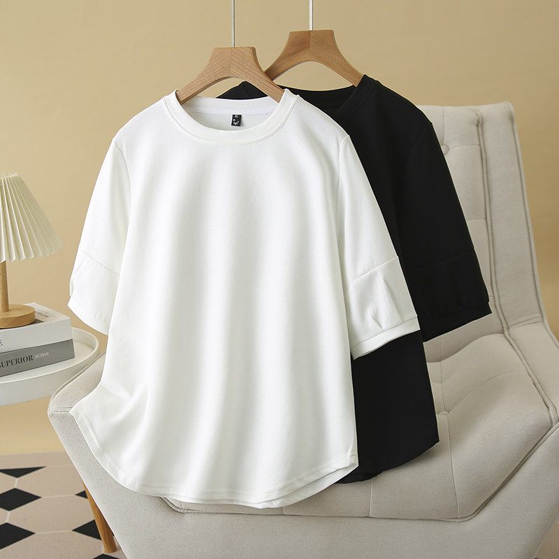 大码女装夏季新款时尚圆领短袖T恤女宽松显瘦百搭灯笼袖半袖上衣