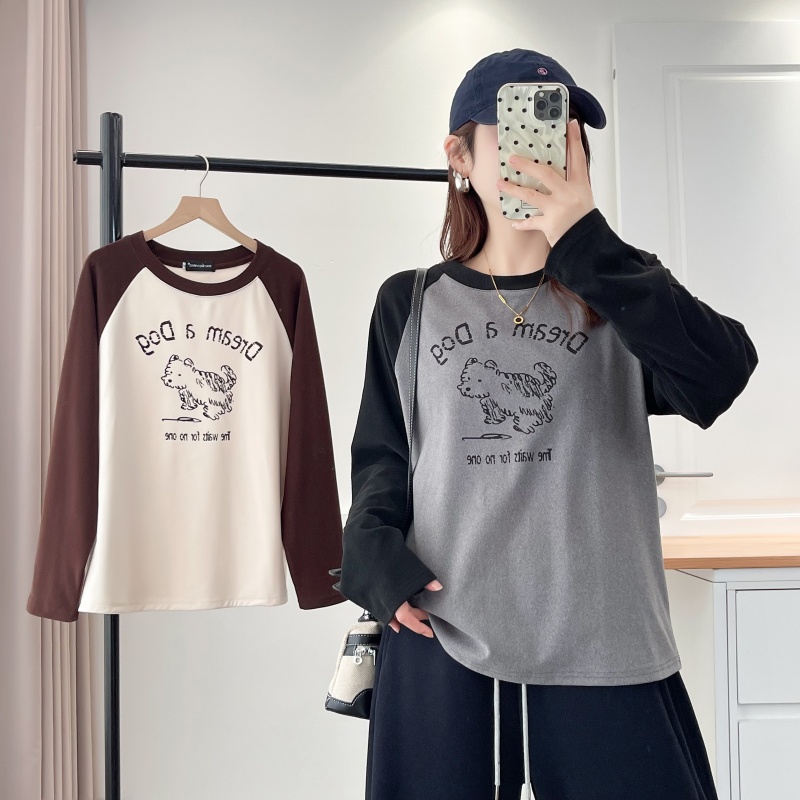 大码女装宽松圆领拼色字母T恤