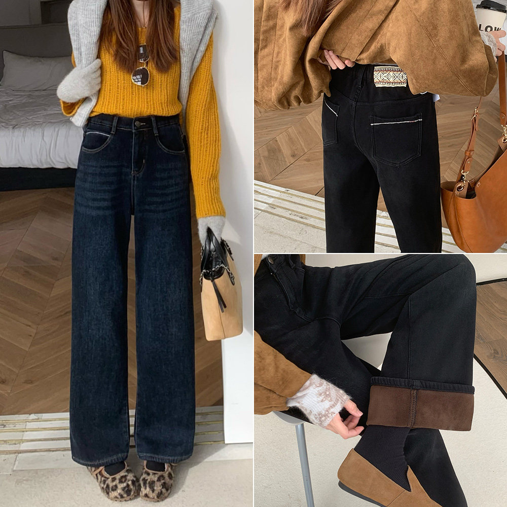 大码胖mm冬装新款复古直筒加绒加厚牛仔裤高腰显瘦百搭阔腿长裤,女装/女士精品,牛仔裤,淘宝优惠券,粉丝福利购,淘宝优惠卷
