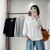 大码 秋装 正肩卫衣女 简约套头衫 设计感圆领条纹拼接长袖 韩版 新款