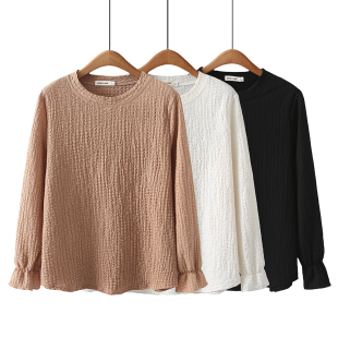 韩版 新款 时尚 大码 200斤胖mm设计感泡泡皱长袖 春秋季 打底衫 t恤 女装