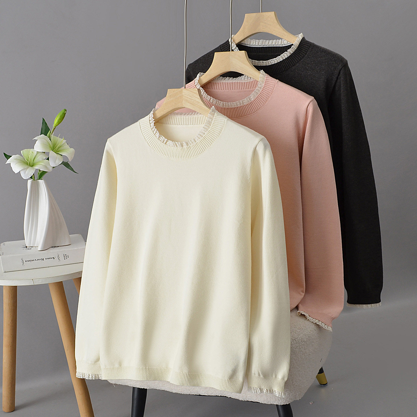 大码女装秋冬新款韩版宽松显瘦花边领拼接套头毛衣百搭针织衫上衣