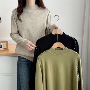 胖mm大码 针织衫 设计感半高领洋气肩部钉珠毛衣 女士时尚 2024秋冬季