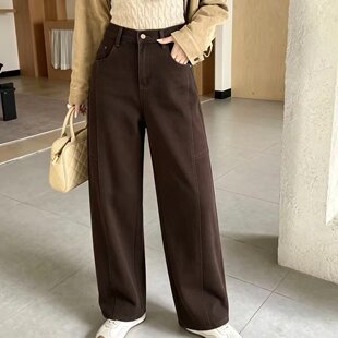 大码女装春秋季韩版胖mm直筒阔腿裤女松弛感明线设计长裤牛仔裤潮