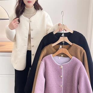 秋冬复古小香风颗粒绒外套200斤胖mm金属扣皮毛一体大码 百搭上衣