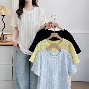 韩版 2025夏装 新款 套头衫 t恤 大码 女胖mm宽松圆领褶皱短袖 女装