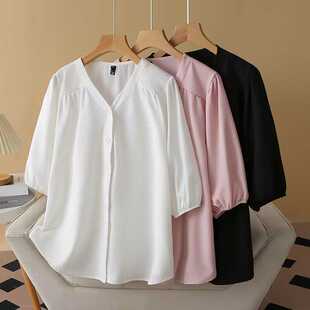 衬衫 2024夏装 简约百搭文艺大码 休闲上衣胖mm宽松V领五分袖 韩版