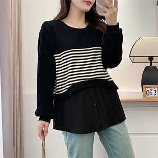 打底衫 大码 假两件卫衣宽松遮肉t恤上衣条纹拼接长袖 时尚 春秋新款
