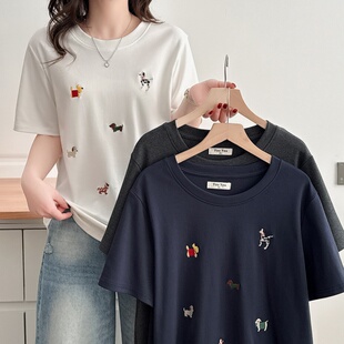 韩版 宽松遮肚子圆领小狗刺绣短袖 新款 大码 正肩t恤 套头衫 2026夏装