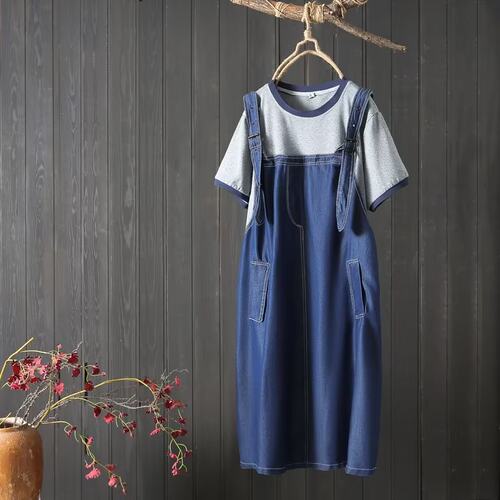 韩版A字裙牛仔假两件连衣裙