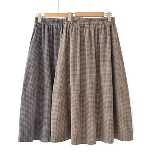 大码冬装新款复古格纹半身裙女高腰显瘦A字中长款松紧腰毛呢裙子