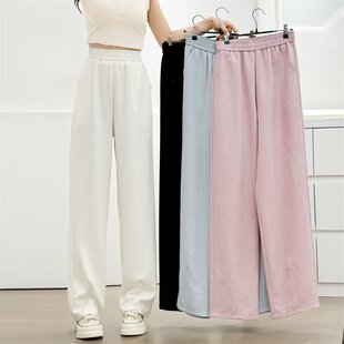 新款 韩版 胖mm时尚 大码 显瘦直筒裤 2025夏装 简约松紧腰阔腿裤 子 女装