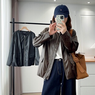 新款 2025秋装 宽松显瘦百搭休闲拉链夹克上衣立领皮衣外套 女装 大码