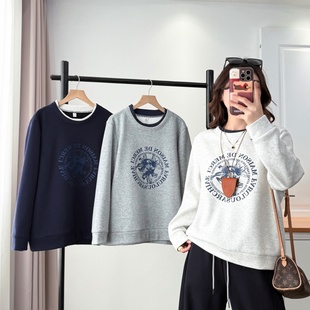 复古字母印花长袖 新款 上衣 2025冬装 韩系氛围感圆领加绒卫衣大码