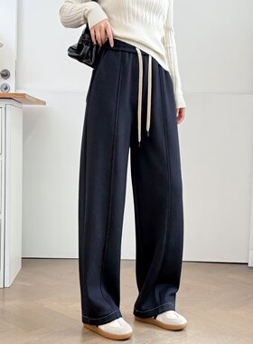 大码女装冬季加绒加厚极简风高腰胖mm弯刀裤抽绳宽松阔腿裤休闲裤