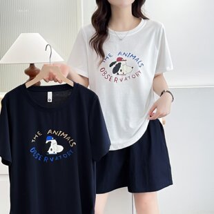 大码 2025夏装 200斤胖mm圆领字母小狗印花短袖 休闲套头衫 t恤 新款