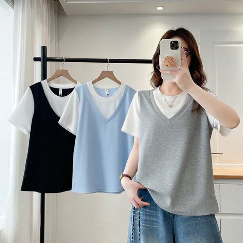 女夏装假两件宽松撞色短袖T恤