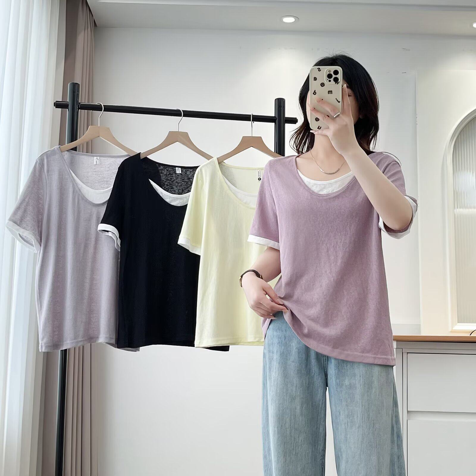 2025夏装新款大码女装短袖t恤设计感拼色圆领假两件半袖百搭上衣