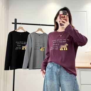 大码冬装新款卡通印花长袖T恤女百搭圆领字母小马图案显瘦上衣