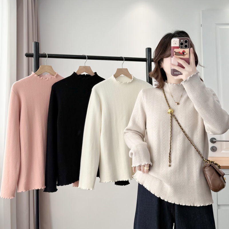 大码女冬新款半高领木耳边针织衫