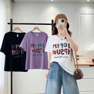 字母印花圆领上衣彩色高级感百搭上衣 T恤大码 2026夏韩版 宽松短袖
