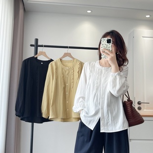 休闲上衣小清新木耳边拼接灯笼袖 新款 大码 女士法式 秋装 衬衫 韩版