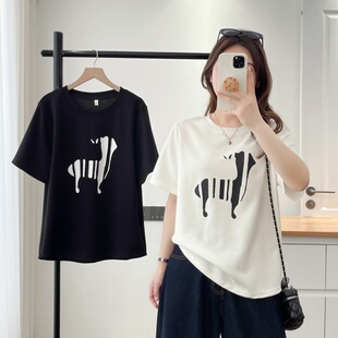 休闲上衣胖mm宽松圆领卡通印花大码 新款 洋气正肩体恤 韩版 2026夏装