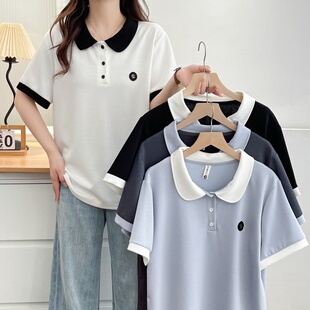 200胖mm宽松撞色娃娃领贴标大码 2025夏装 套头衫 新款 正肩t恤 韩版