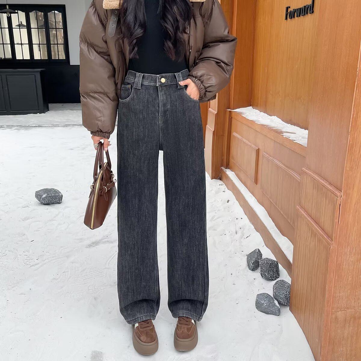 大码女装2025冬季韩版新款胖mm高腰阔腿牛仔裤直筒加绒加厚长裤潮