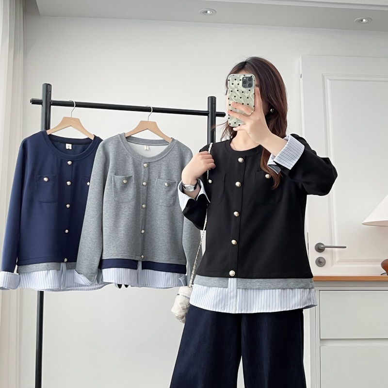 大码女装韩版圆领拼接条纹卫衣