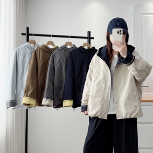 外套 保暖派克服外套设计感连帽撞色下摆抽绳夹克大码 2025冬季 新款