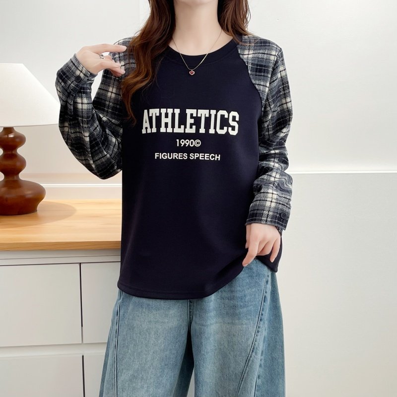 大码女装秋季新款韩版宽松字母印花圆领拼接格子长袖卫衣休闲上衣,女装/女士精品,卫衣/绒衫,淘宝优惠券,粉丝福利购,淘宝优惠卷