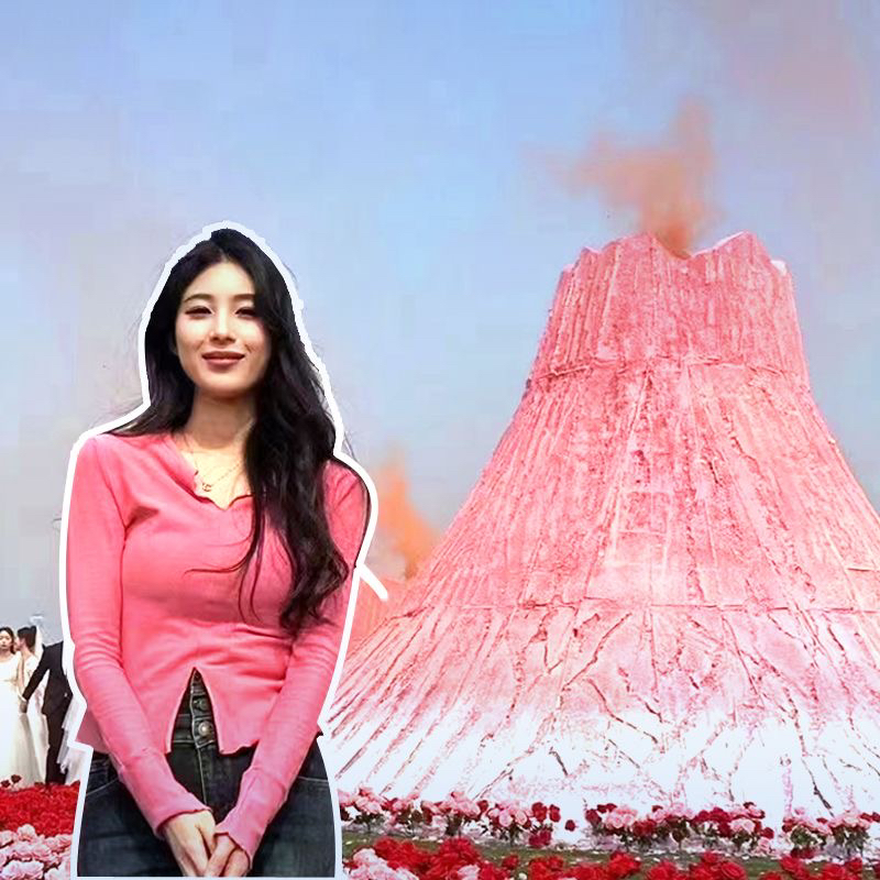 网红粉色火山婚礼布置拍照打卡摆件求婚布置巨型假山相约大浦