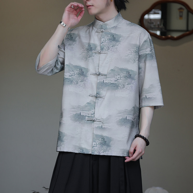 2024夏季风男装印花唐装汉服盘扣短袖衬衫衬衣C229-Y1023-P68图片