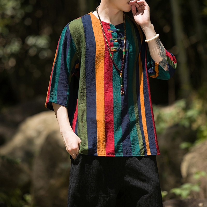 2024夏季风男装条纹唐装中式汉服短袖五分袖T恤C229/T173/P50,男装T恤,电商C229