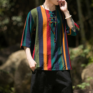 2024夏季风男装条纹唐装中式汉服短袖五分袖T恤C229/T173/P50图片