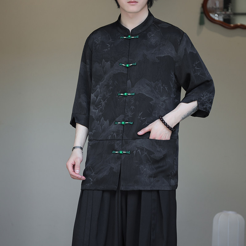 2024夏风男装盘扣唐装汉服短袖五分袖衬衫衬衣C229-Y1037-P70,男装衬衫,电商C229