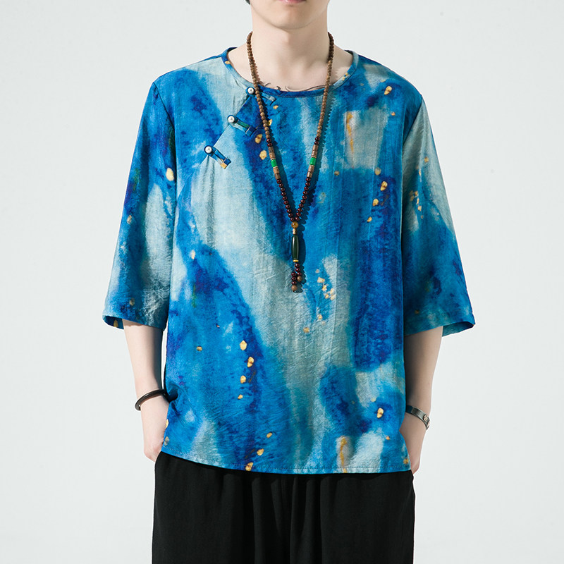 2024春夏新款风男装棉麻亚麻唐装汉服五分袖T恤C229/T194/P55图片