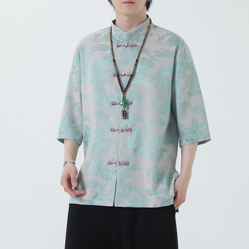 2024夏风男装盘扣中式汉服短袖五分袖衬衫衬衣C229-Y1030-P70,男装衬衫,电商C229