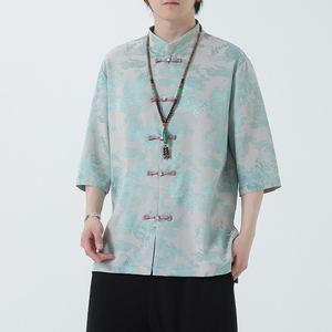 2024夏风男装盘扣中式汉服短袖五分袖衬衫衬衣C229-Y1030-P70,傅晶白色衬衣搭配图片图片